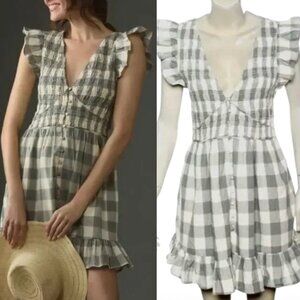 Anthropologie Peregrine Mini Dress Med Smocked Flounce Ruffle Grey Plaid cottage
